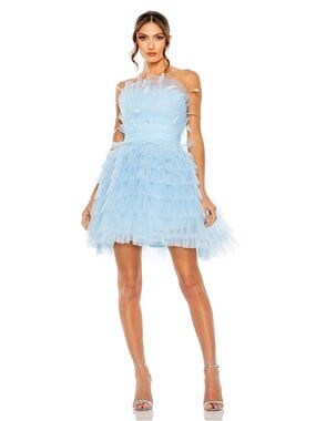 Mac Duggal 20529 Blue Feathered Strapless Tulle Fit and Flare Dress Size 8 NWT